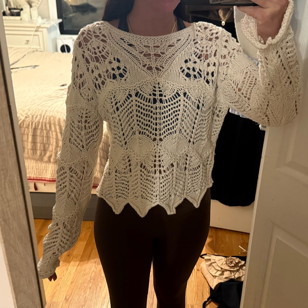 White Crochet Knit Sweater